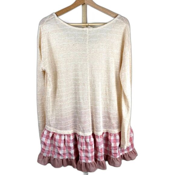 Entro Long Sleeve Cream Lightweight Sweater w/ Gingham RuffleTrim EUC SZ L - Picture 2 of 7